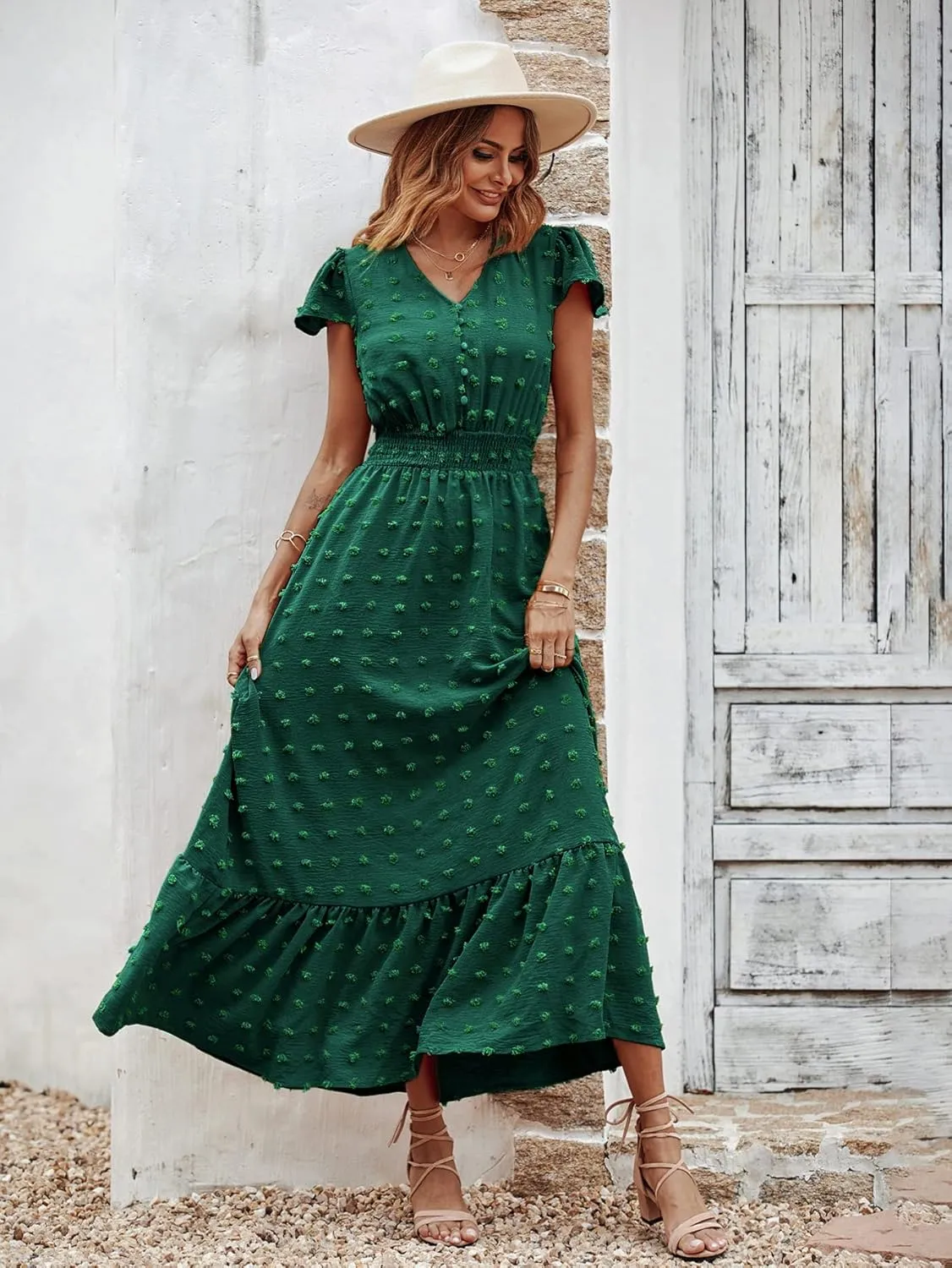 PRETTYGARDEN Womens Dresses 2025 Summer Maxi Dress Boho Short Sleeve V Neck Swiss Dot Ruffle Tiered Smocked Flowy Long Dress