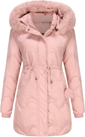 Puffer Jacket Womens Warm Winter Down Coats Long Length Quilted Maxi Puffer Solid Color Zip Jackets with Fur Hood