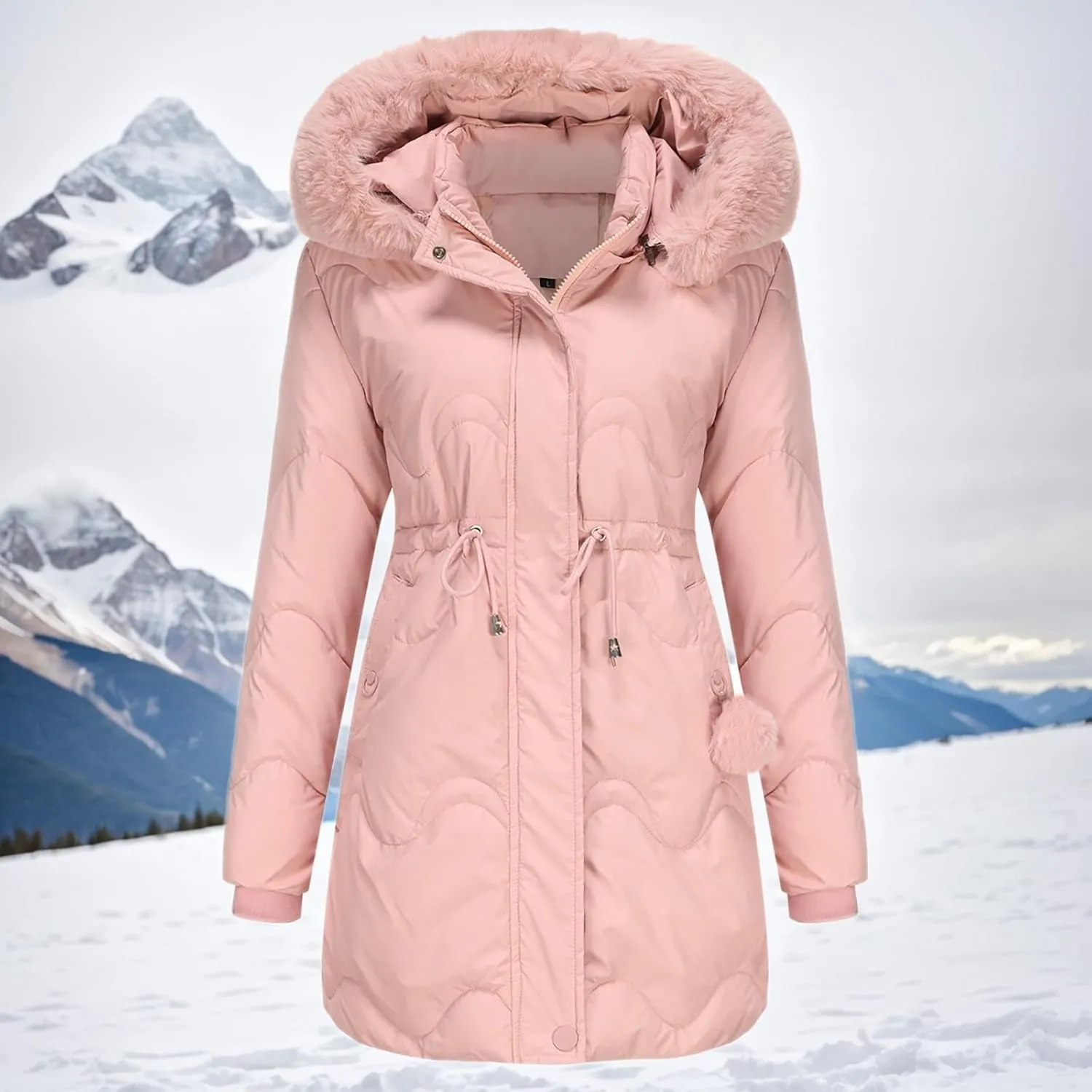 Puffer Jacket Womens Warm Winter Down Coats Long Length Quilted Maxi Puffer Solid Color Zip Jackets with Fur Hood
