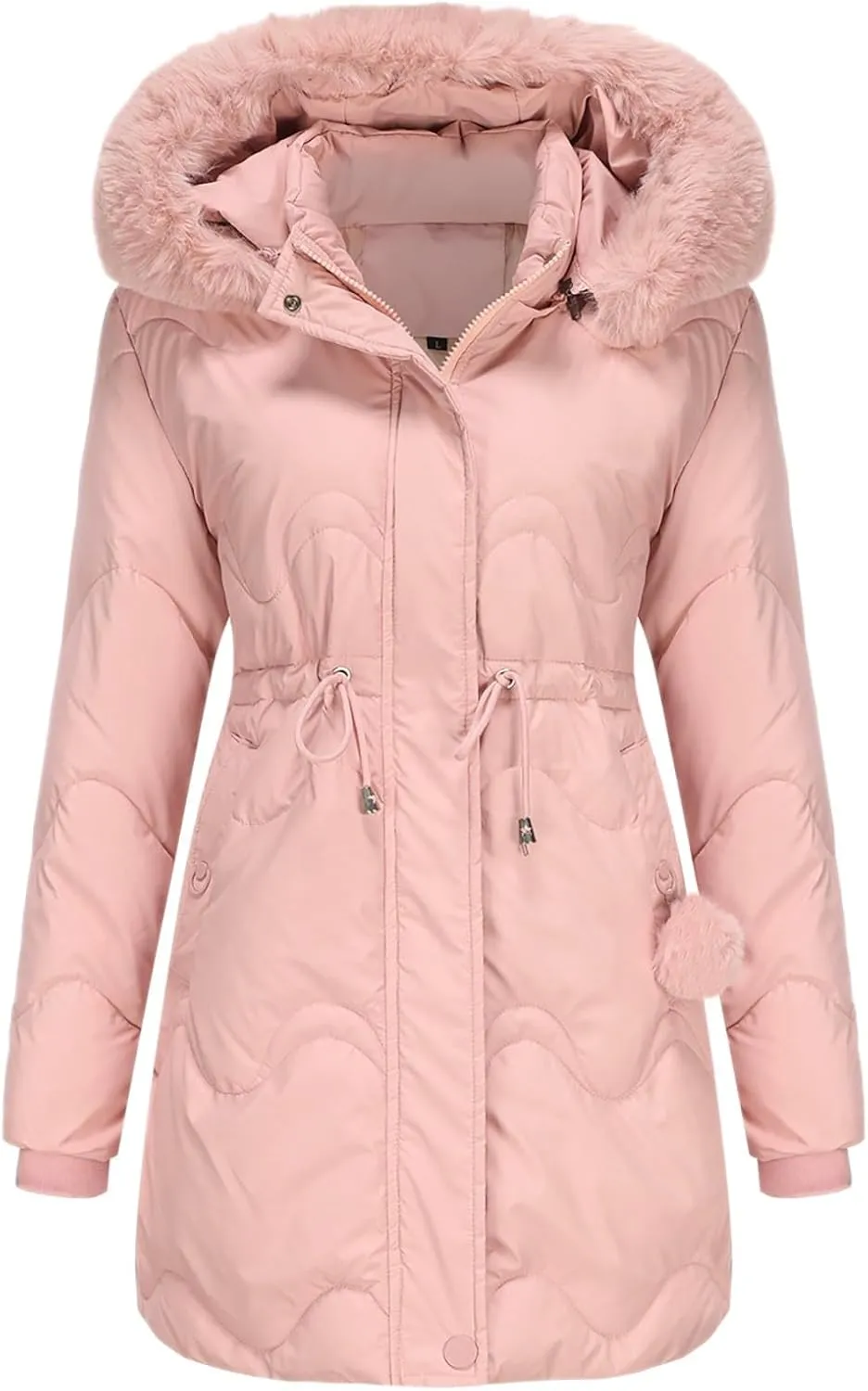 Puffer Jacket Womens Warm Winter Down Coats Long Length Quilted Maxi Puffer Solid Color Zip Jackets with Fur Hood