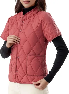 Quilted Jackets for Women Lightweight Petite Cropped Puffer Down Jackets Parkas Button Short Sleeve Fall Winter Coat