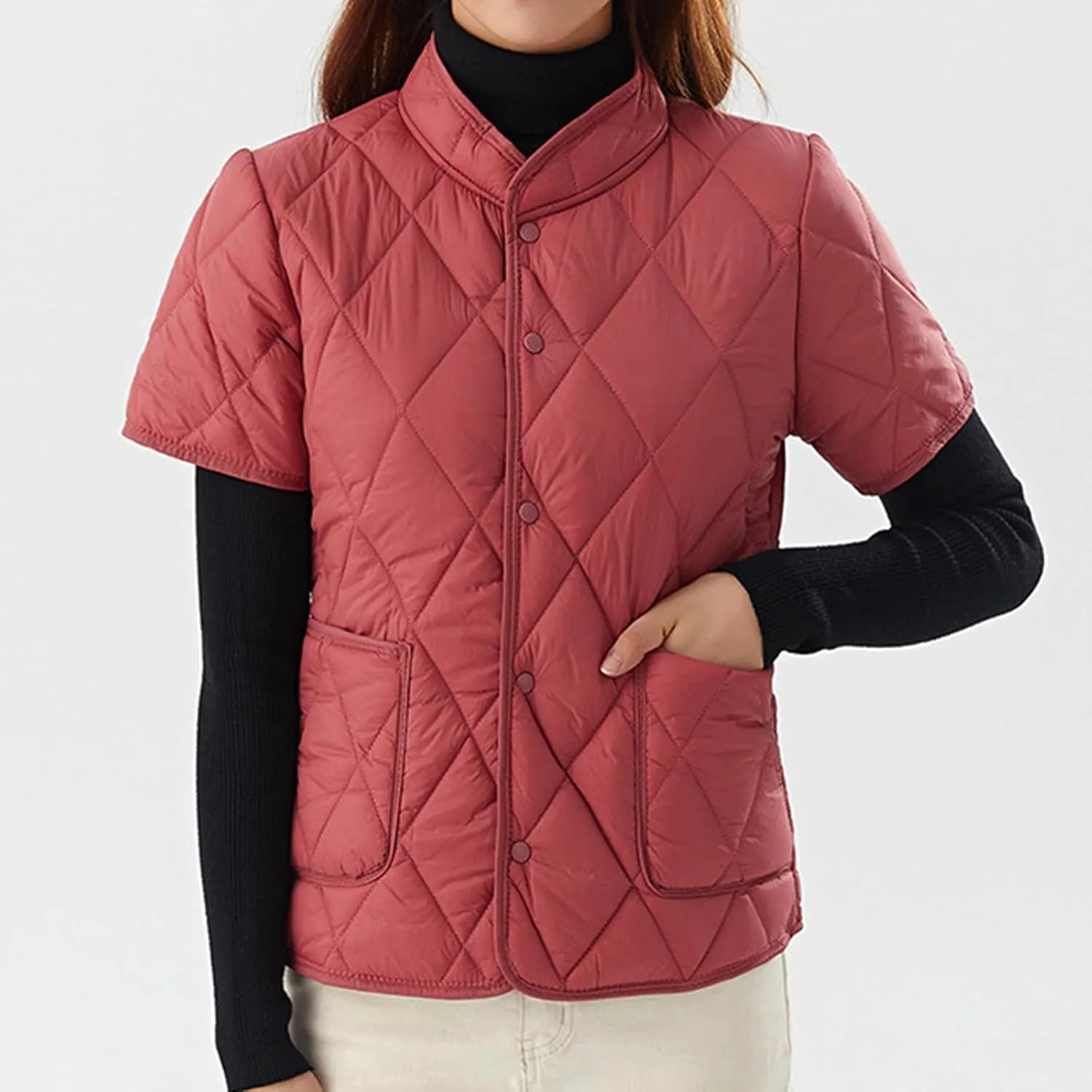 Quilted Jackets for Women Lightweight Petite Cropped Puffer Down Jackets Parkas Button Short Sleeve Fall Winter Coat