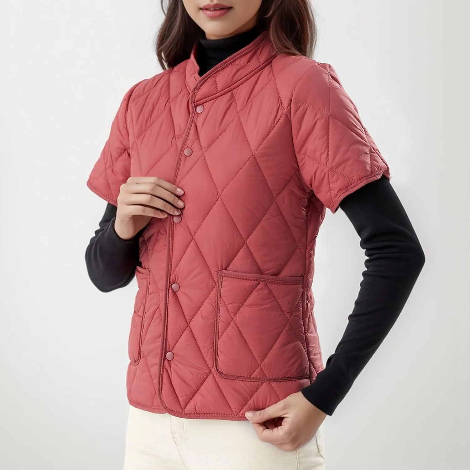 Quilted Jackets for Women Lightweight Petite Cropped Puffer Down Jackets Parkas Button Short Sleeve Fall Winter Coat