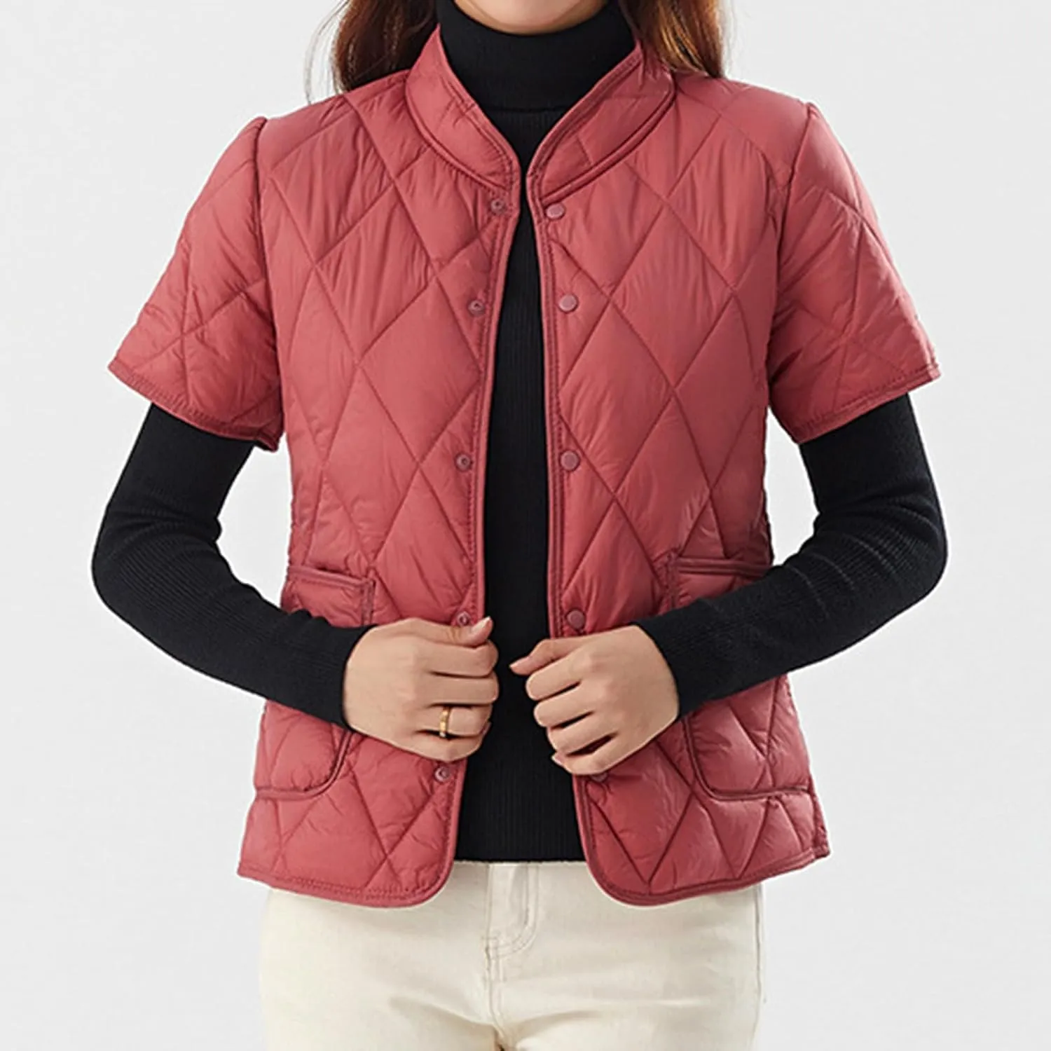 Quilted Jackets for Women Lightweight Petite Cropped Puffer Down Jackets Parkas Button Short Sleeve Fall Winter Coat