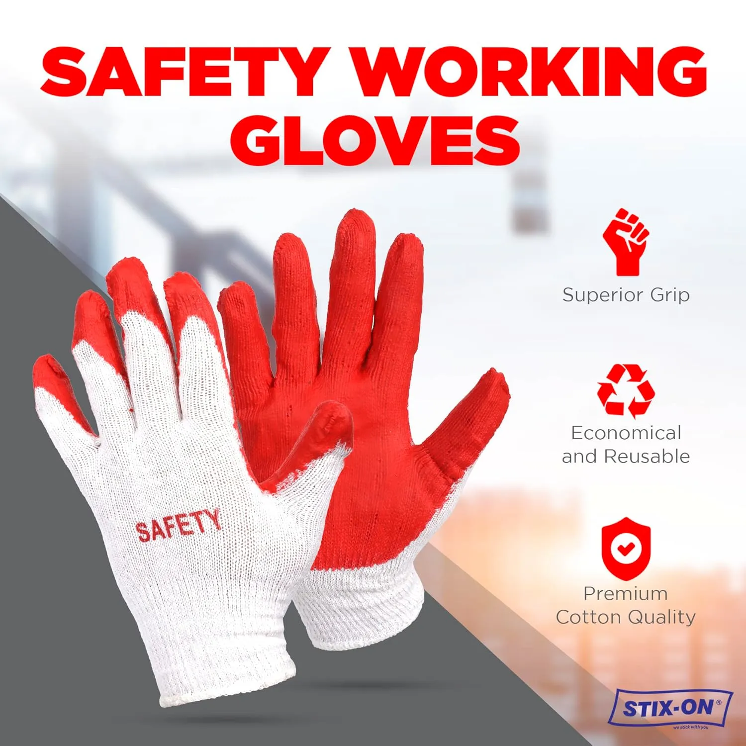SAFETY Non-Slip 100 Pairs Work Construction Gloves - Red Latex Cotton Working Nitrile Rubber Palm Coated Garden Medium/Large (Pack of 100)