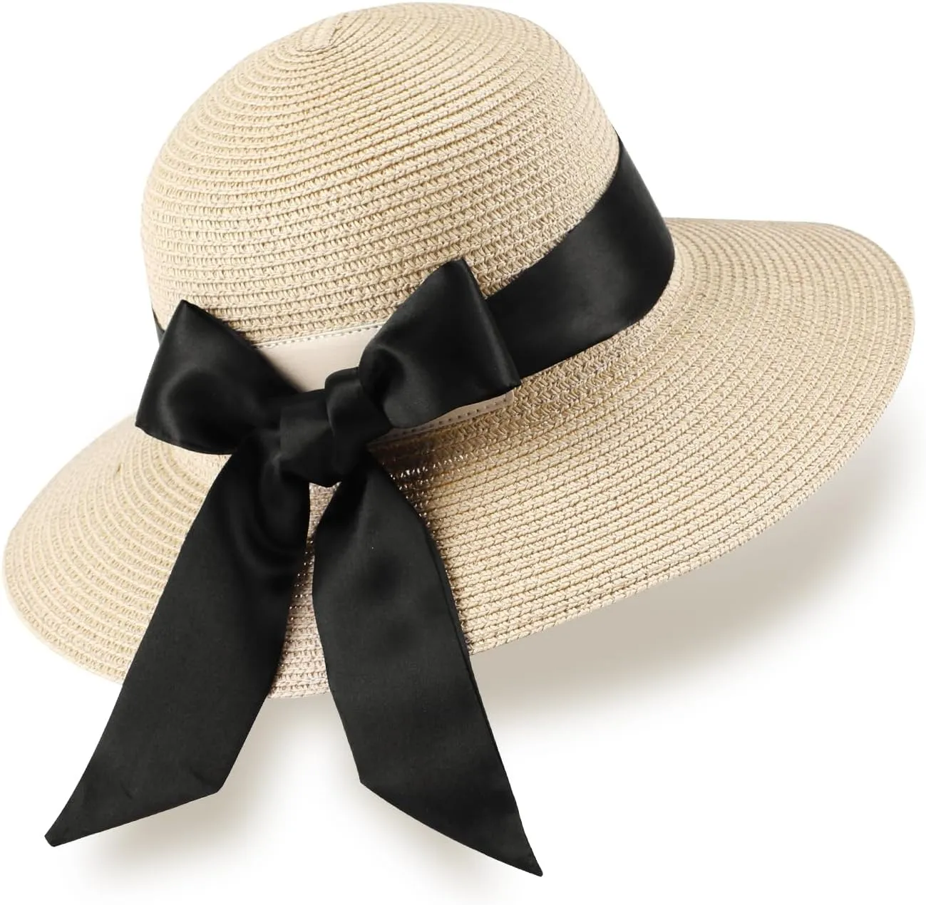 Summer Straw Hats for Women, Wide Brim Beach Hat, Boho Sun Hats with Detachable Silk Tie, Packable Travel Bucket Hat - UPF 50