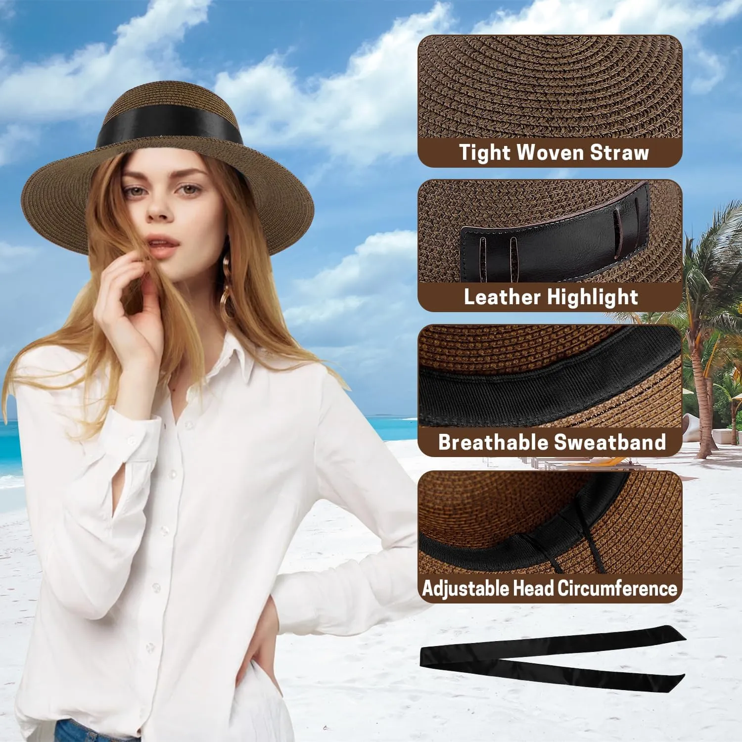 Summer Straw Hats for Women, Wide Brim Beach Hat, Boho Sun Hats with Detachable Silk Tie, Packable Travel Bucket Hat - UPF 50