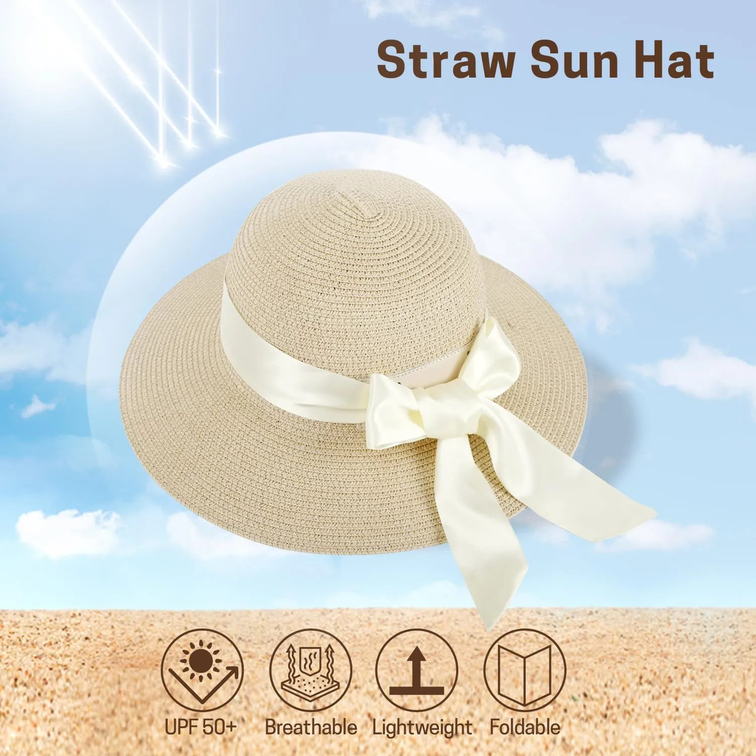 Summer Straw Hats for Women, Wide Brim Beach Hat, Boho Sun Hats with Detachable Silk Tie, Packable Travel Bucket Hat - UPF 50