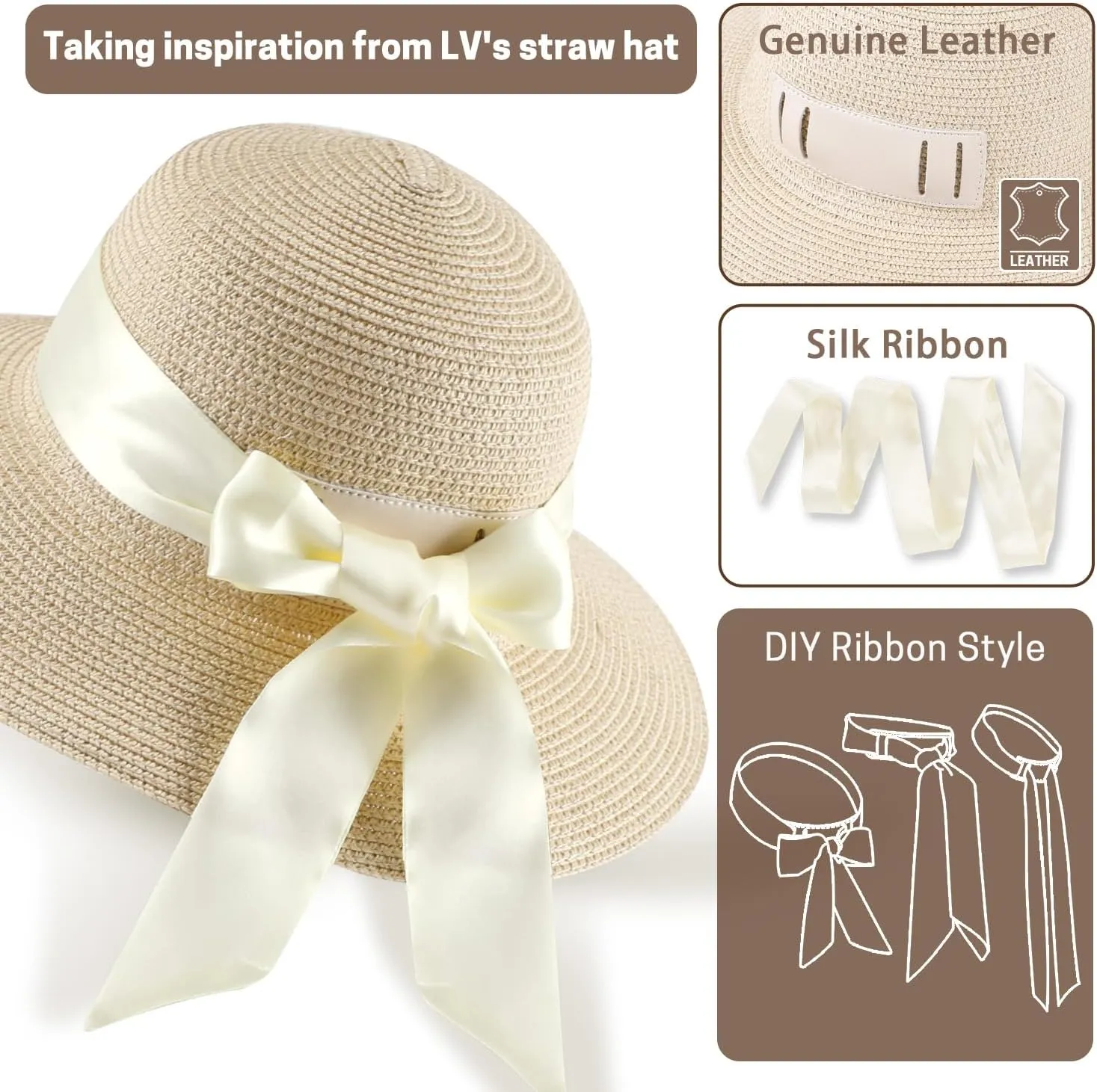 Summer Straw Hats for Women, Wide Brim Beach Hat, Boho Sun Hats with Detachable Silk Tie, Packable Travel Bucket Hat - UPF 50