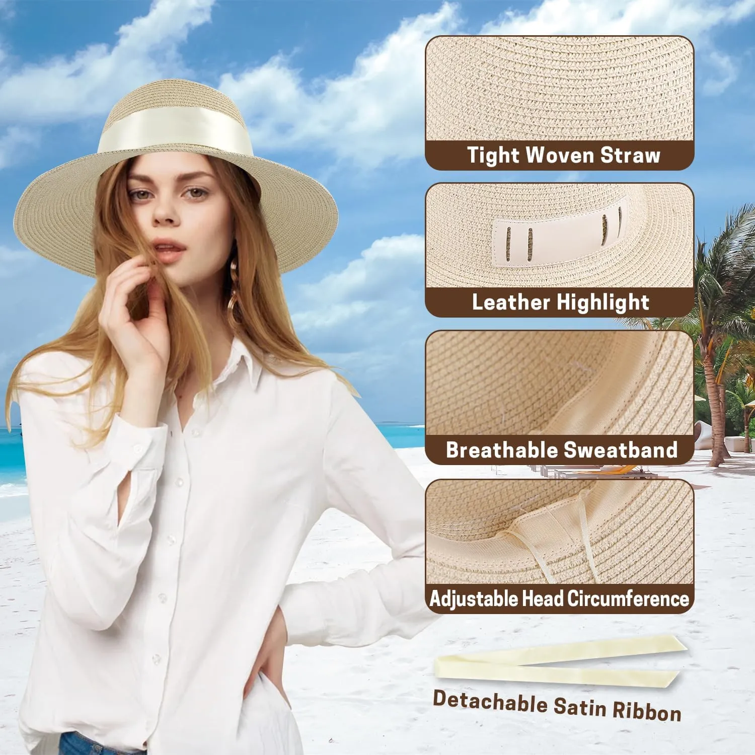 Summer Straw Hats for Women, Wide Brim Beach Hat, Boho Sun Hats with Detachable Silk Tie, Packable Travel Bucket Hat - UPF 50