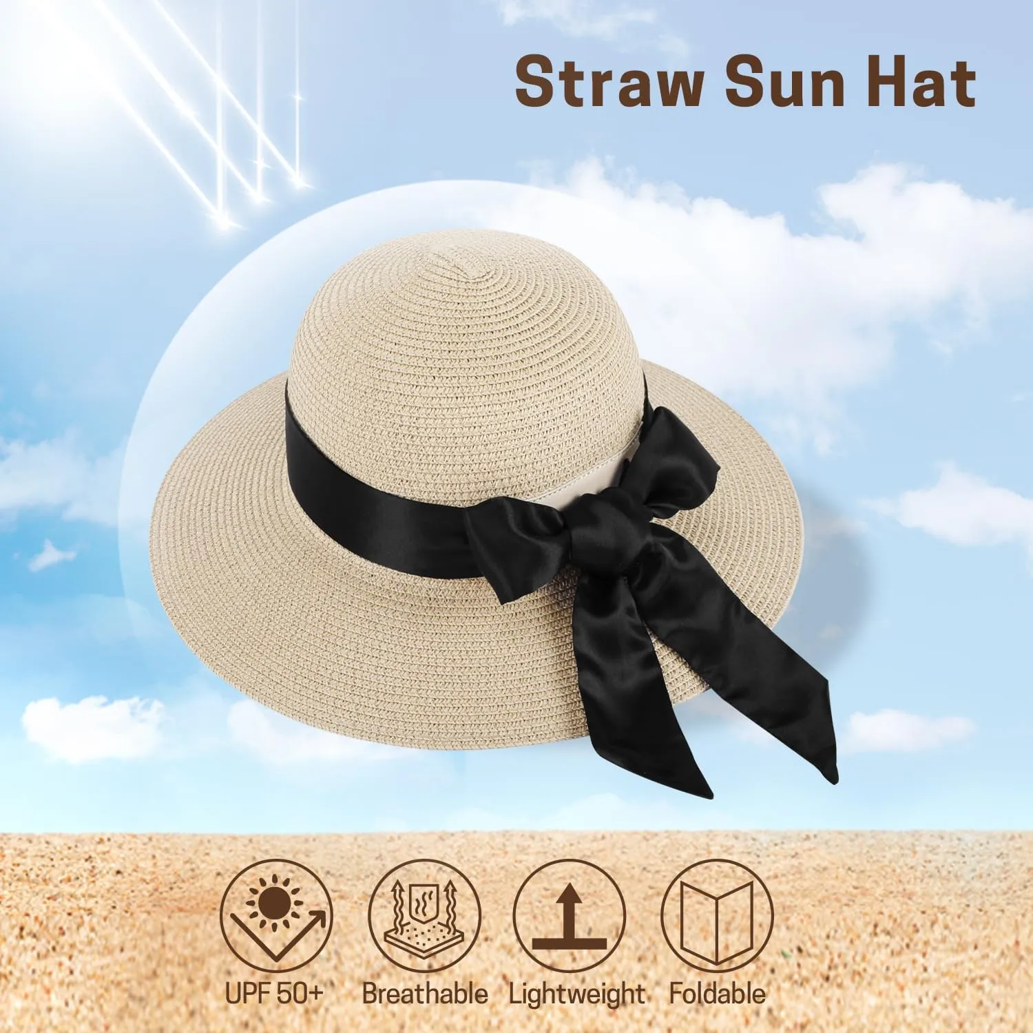 Summer Straw Hats for Women, Wide Brim Beach Hat, Boho Sun Hats with Detachable Silk Tie, Packable Travel Bucket Hat - UPF 50