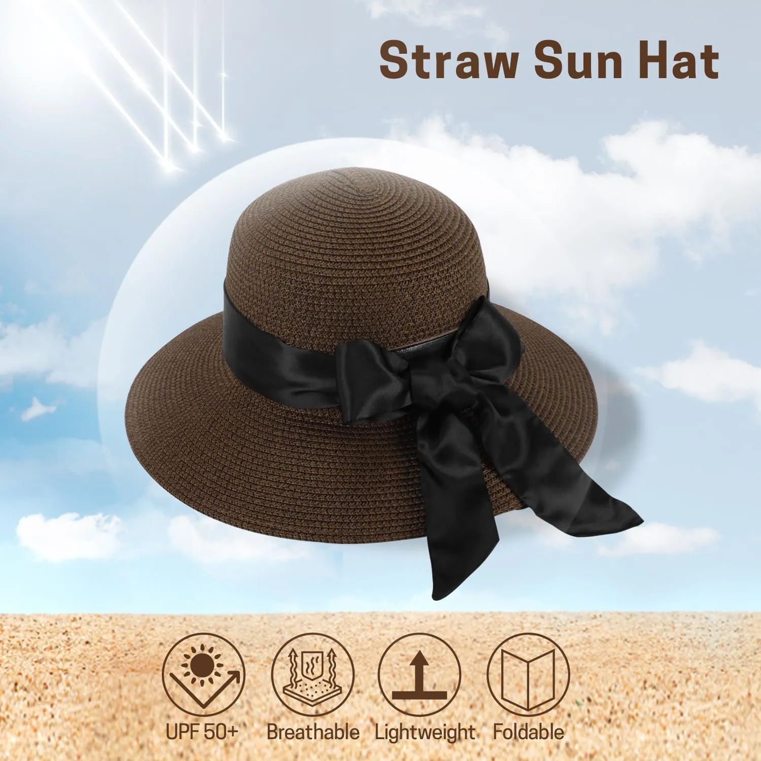 Summer Straw Hats for Women, Wide Brim Beach Hat, Boho Sun Hats with Detachable Silk Tie, Packable Travel Bucket Hat - UPF 50