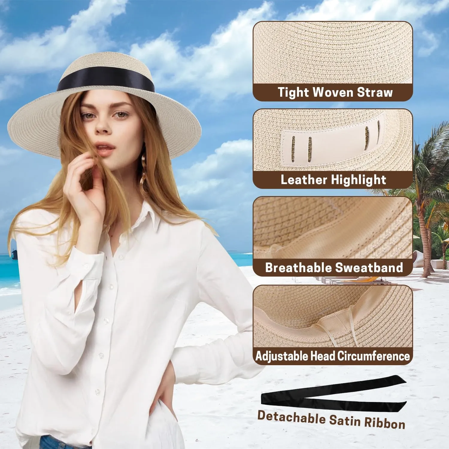 Summer Straw Hats for Women, Wide Brim Beach Hat, Boho Sun Hats with Detachable Silk Tie, Packable Travel Bucket Hat - UPF 50
