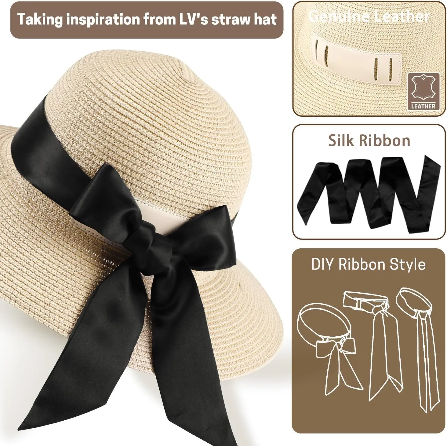 Summer Straw Hats for Women, Wide Brim Beach Hat, Boho Sun Hats with Detachable Silk Tie, Packable Travel Bucket Hat - UPF 50