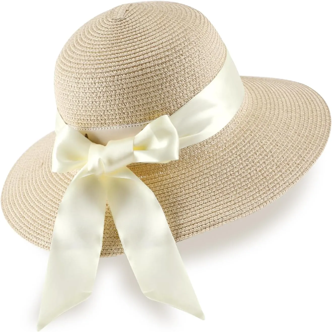 Summer Straw Hats for Women, Wide Brim Beach Hat, Boho Sun Hats with Detachable Silk Tie, Packable Travel Bucket Hat - UPF 50