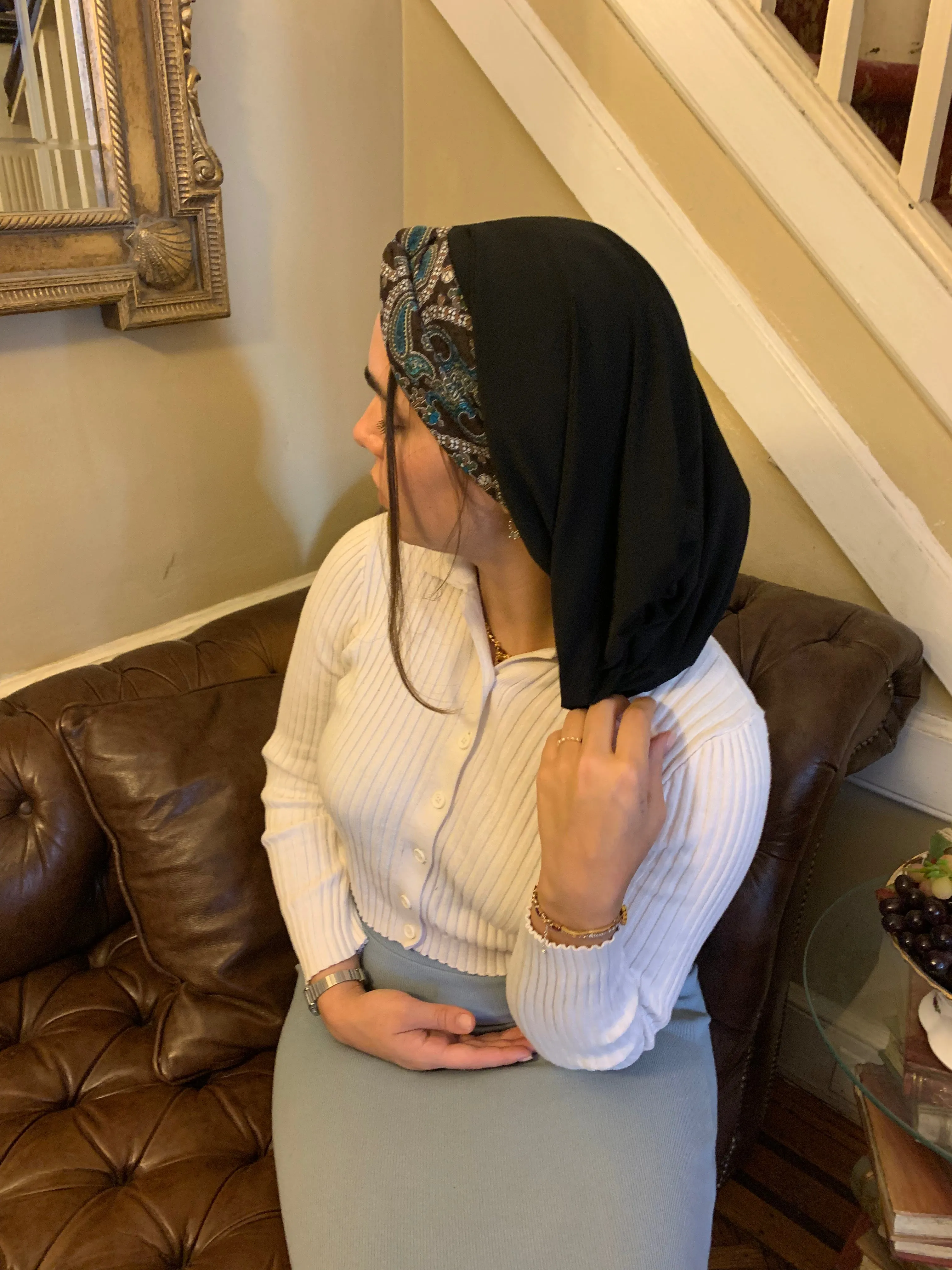 Top Knot Tichel Black Brown Turban and Popular Easy To Wear Hijab Classic Snood No Fuss Head covering | Made in USA