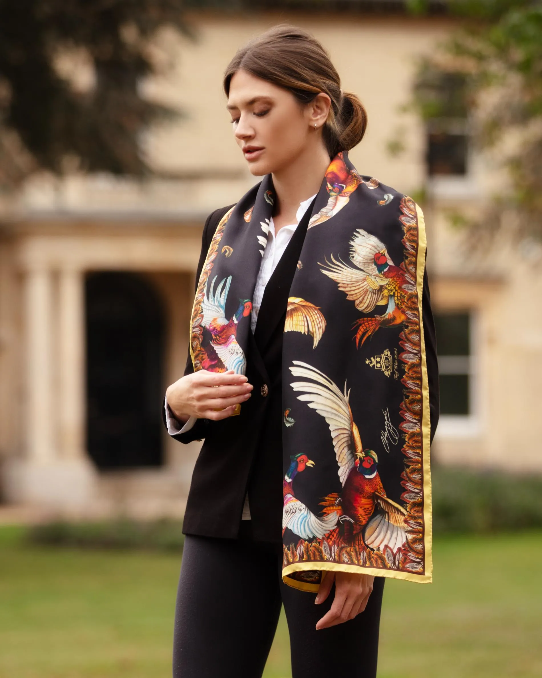 Turf War Black and Gold Pheasant Classic Silk Scarf