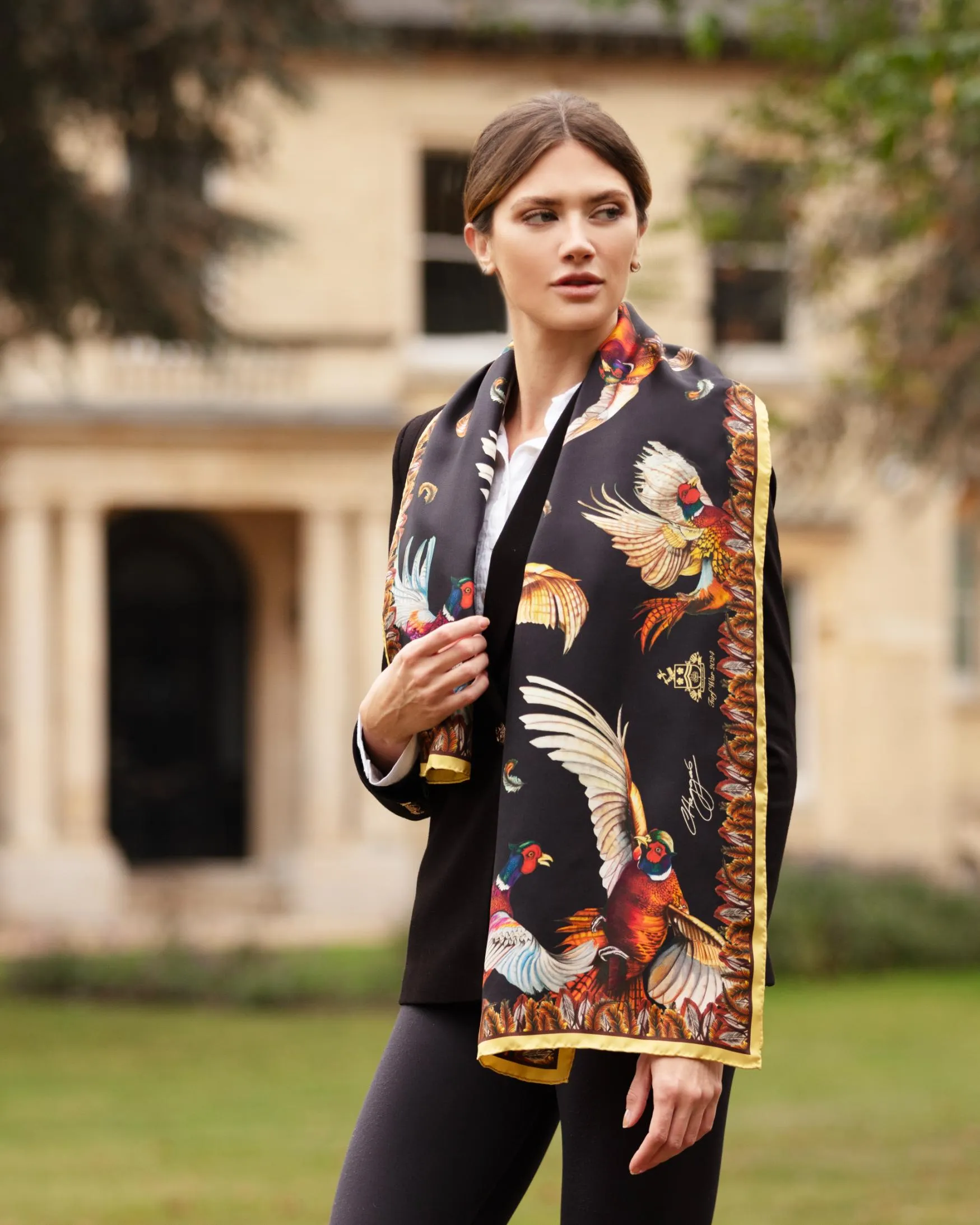 Turf War Black and Gold Pheasant Classic Silk Scarf