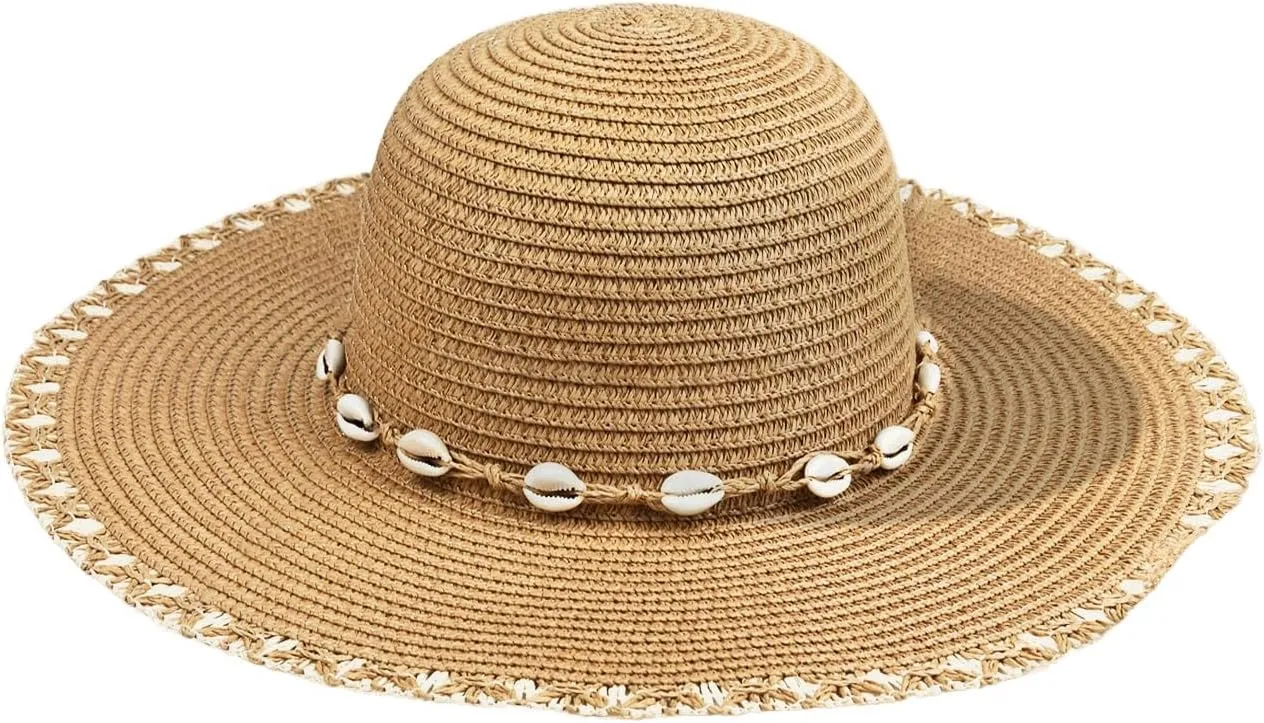 Verdusa Women's Scalloped Wide Brim Straw Sun Hats Boho Beaded Beach Hat