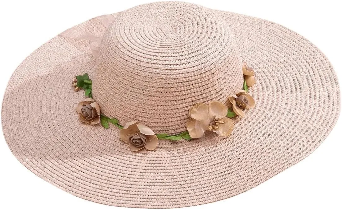 Verdusa Women's Scalloped Wide Brim Straw Sun Hats Boho Beaded Beach Hat