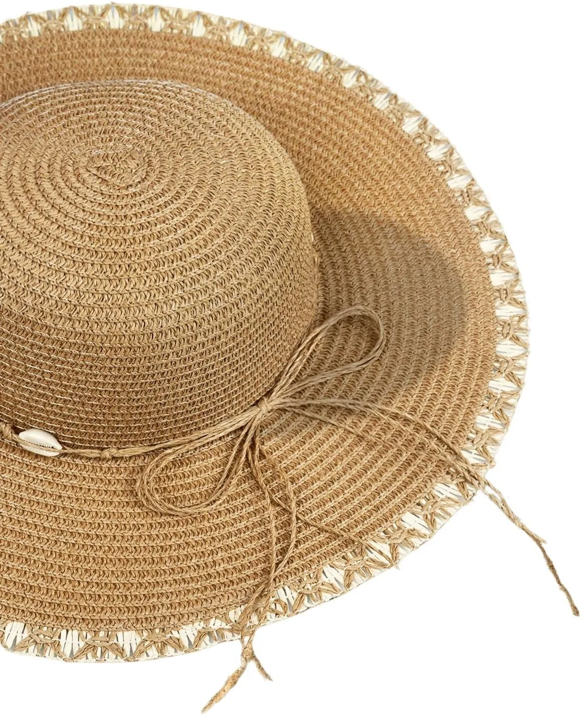 Verdusa Women's Scalloped Wide Brim Straw Sun Hats Boho Beaded Beach Hat