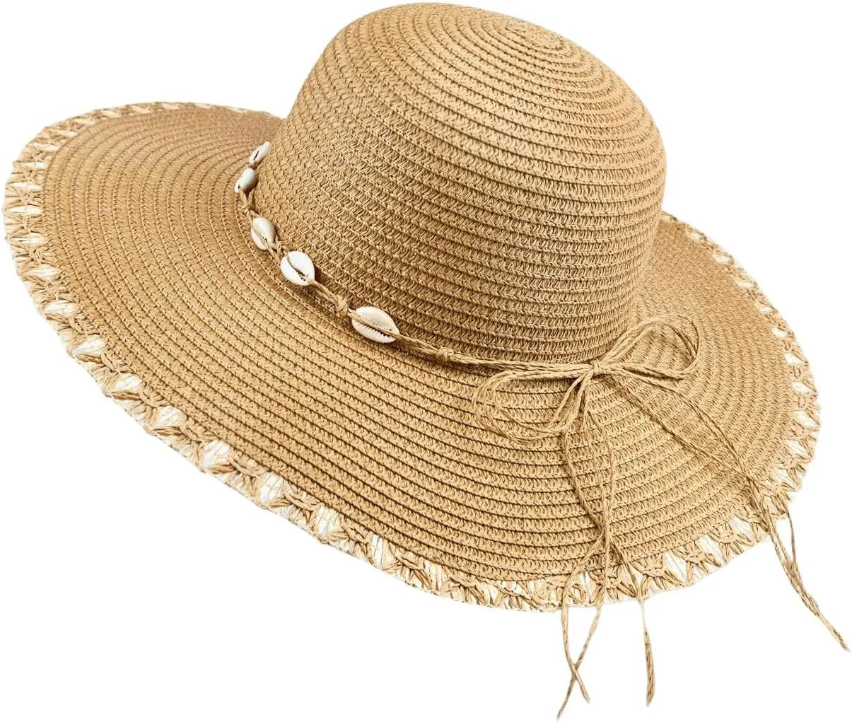 Verdusa Women's Scalloped Wide Brim Straw Sun Hats Boho Beaded Beach Hat