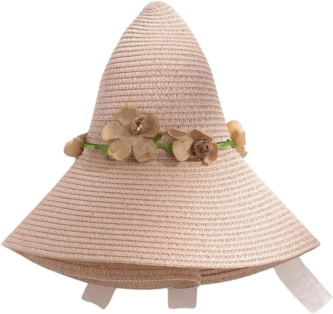 Verdusa Women's Scalloped Wide Brim Straw Sun Hats Boho Beaded Beach Hat