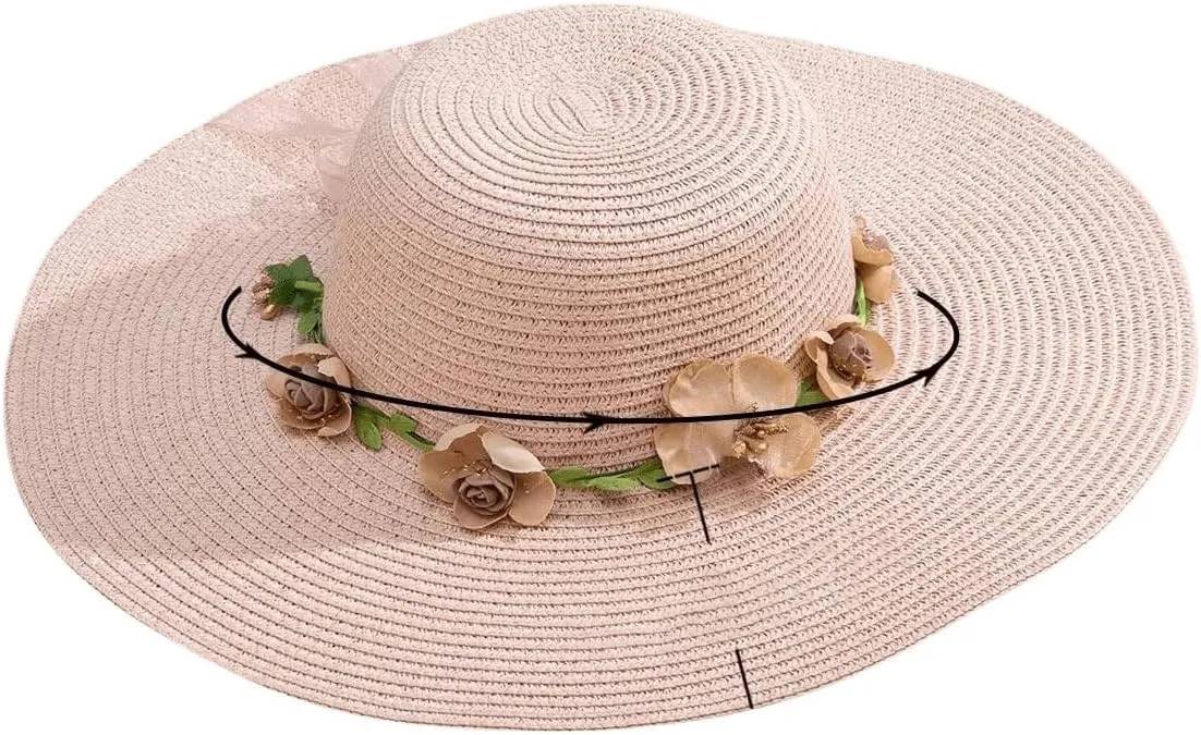 Verdusa Women's Scalloped Wide Brim Straw Sun Hats Boho Beaded Beach Hat