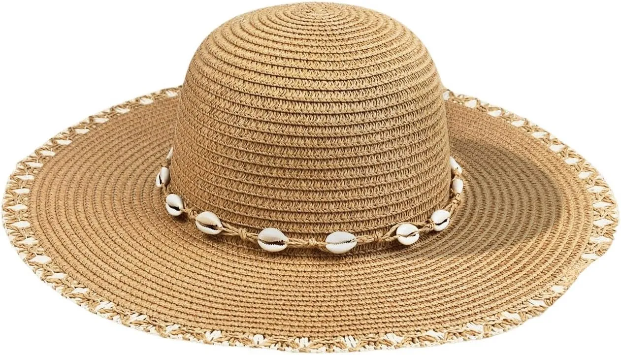 Verdusa Women's Scalloped Wide Brim Straw Sun Hats Boho Beaded Beach Hat