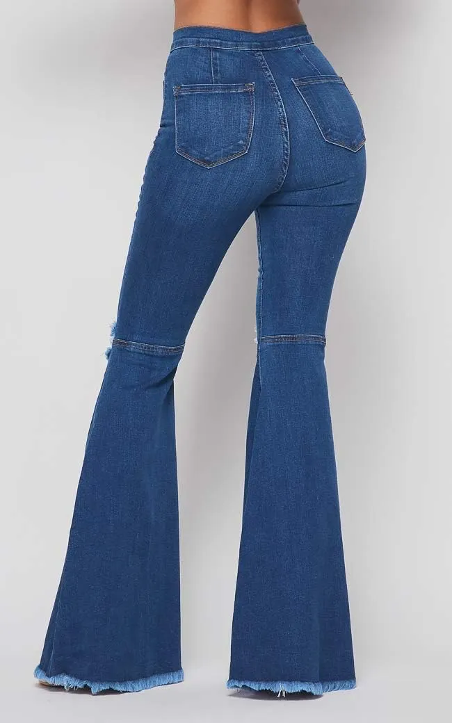 Vibrant Women's Juniors Bell Bottom High Waist Fitted Denim Jeans