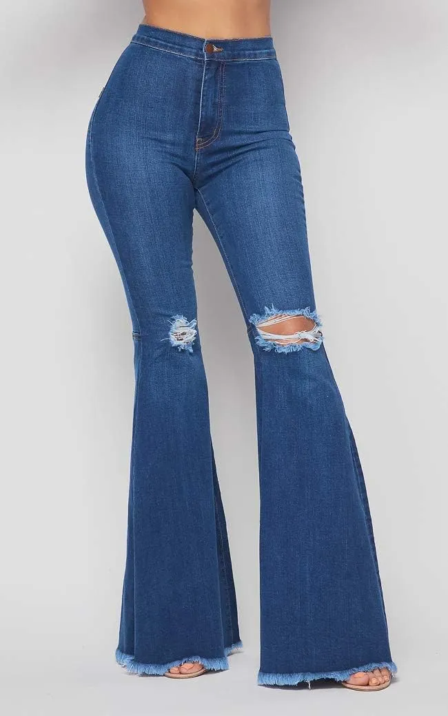 Vibrant Women's Juniors Bell Bottom High Waist Fitted Denim Jeans