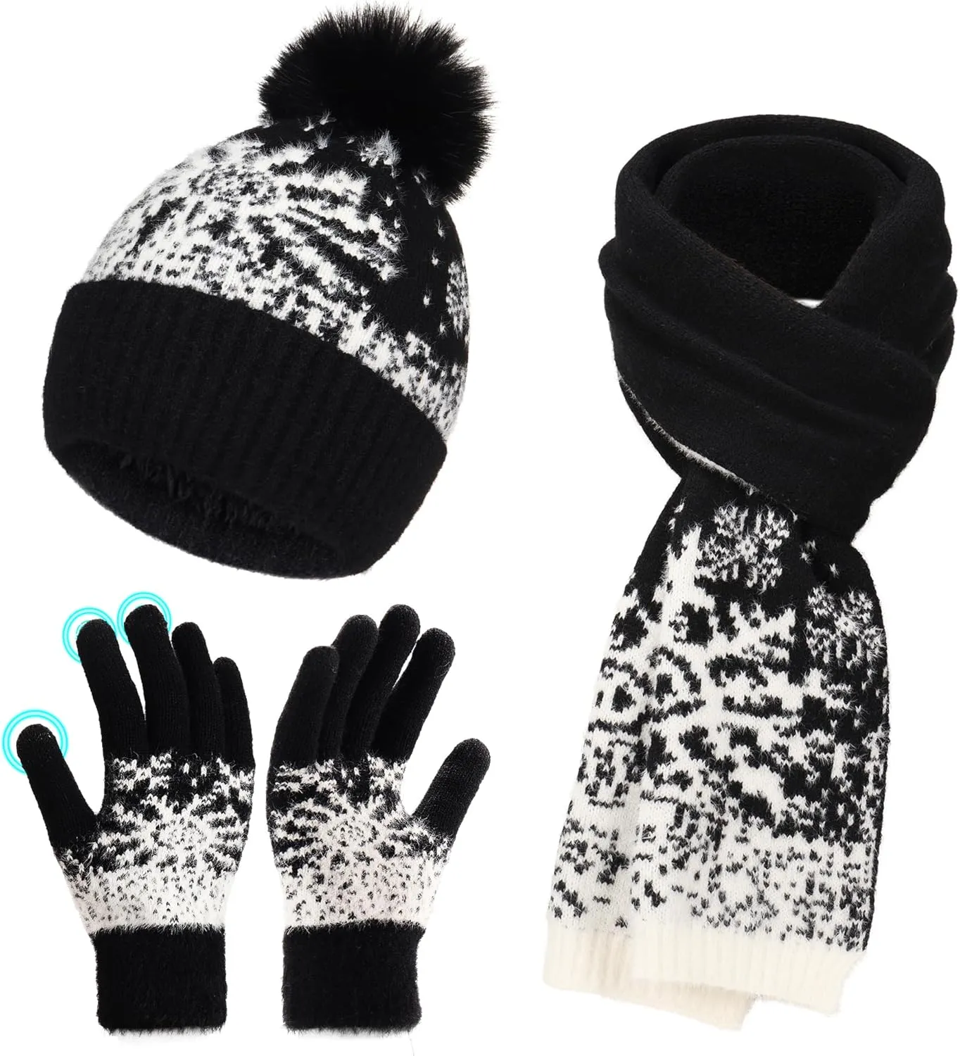 Winter Hat Scarf Gloves Set for Women Fleece Lined Knit Beanie Hat with Pom Pom Touchscreen Gloves Long Scarf