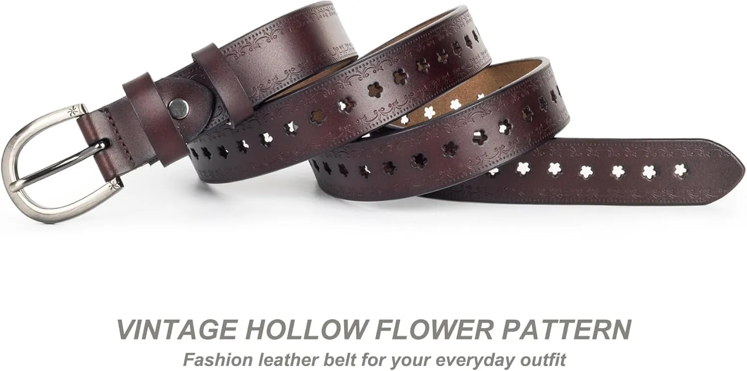 Women-Leather-Belt for Jeans Pants Adjustable-Fashion-Casual-Waist-Belts Hollow Flower Belt for Ladies Girls