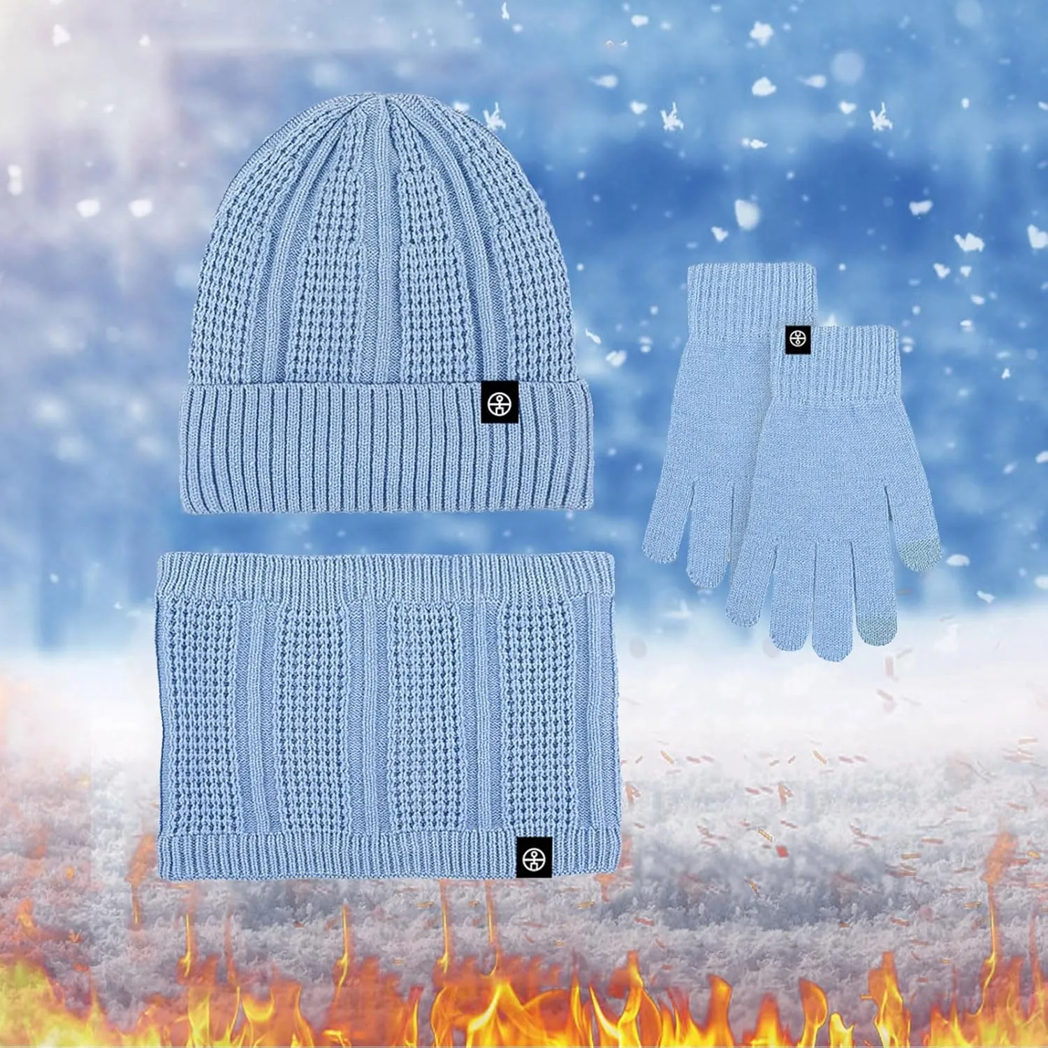 Women Mens 3 in 1 Winter Sets Knit Warm Hat Touchscreen Gloves Neck Warmer Thick Winter Beanie Hat Scarf Gloves Set