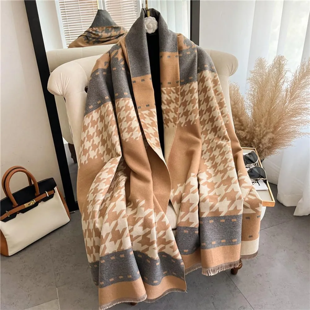 Women Winter Cashmere Feel Scarf Houndstooth Shawl Scarves Wraps