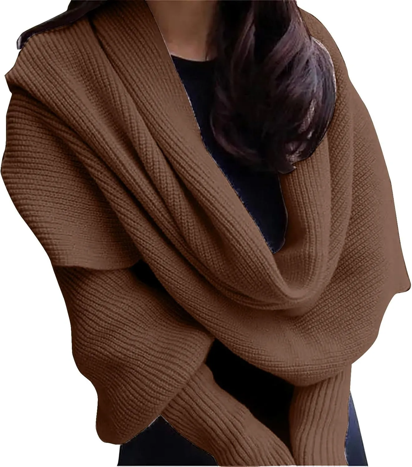 Womens Knit Sweater Tops Scarf Winter Cable Wrap Shawl Scarf with Sleeves Chunky Long Warm Crochet Scarves