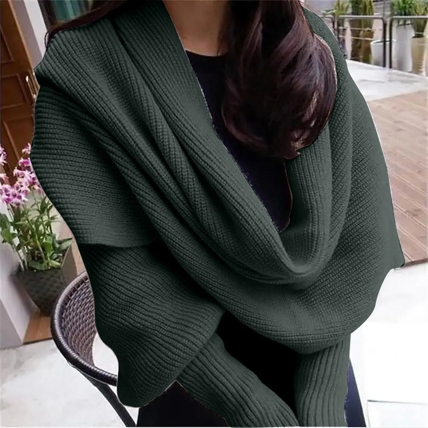 Womens Knit Sweater Tops Scarf Winter Cable Wrap Shawl Scarf with Sleeves Chunky Long Warm Crochet Scarves