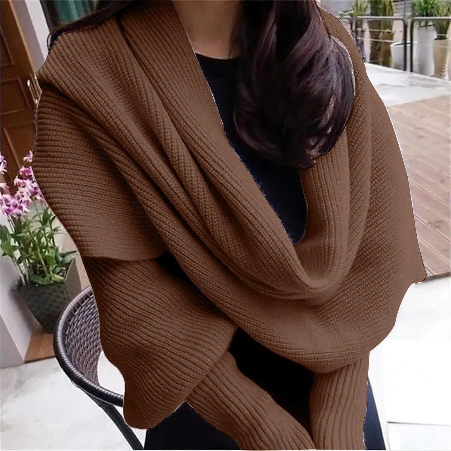 Womens Knit Sweater Tops Scarf Winter Cable Wrap Shawl Scarf with Sleeves Chunky Long Warm Crochet Scarves