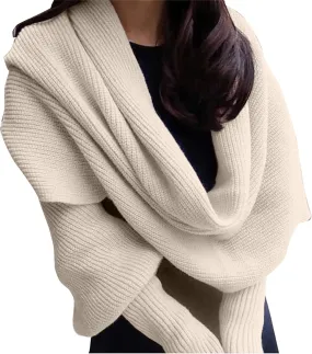 Womens Knit Sweater Tops Scarf Winter Cable Wrap Shawl Scarf with Sleeves Chunky Long Warm Crochet Scarves