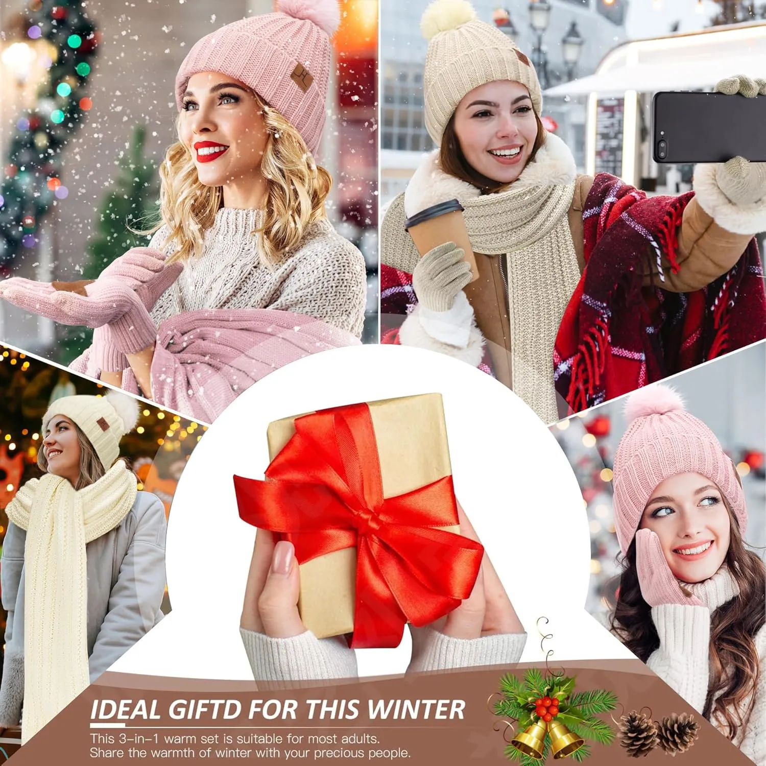 Womens Winter Warm Beanie Hat Long Neck Scarf Touchscreen Gloves Set Knit Skull Caps Pompom Fleece Gifts