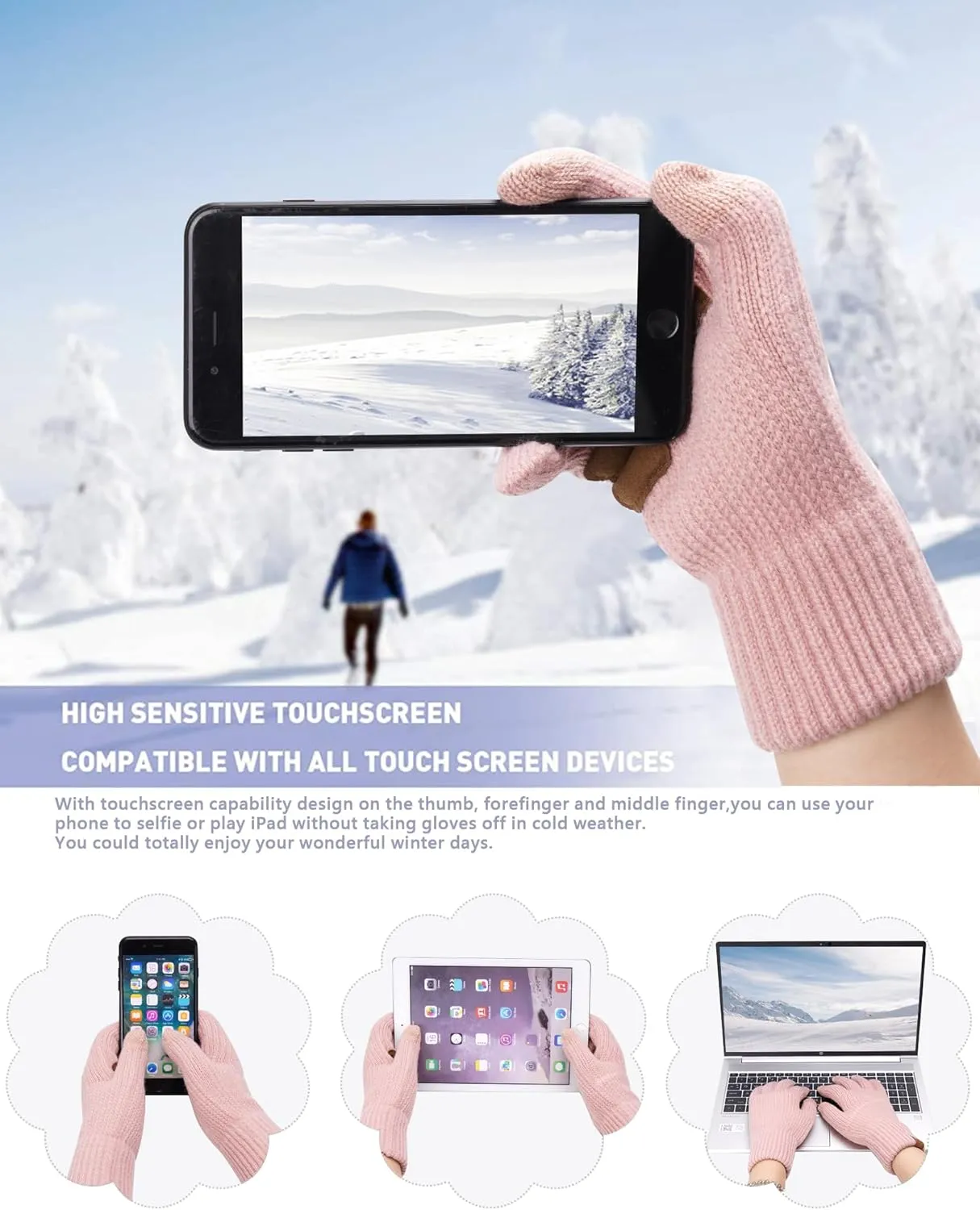Womens Winter Warm Beanie Hat Long Neck Scarf Touchscreen Gloves Set Knit Skull Caps Pompom Fleece Gifts