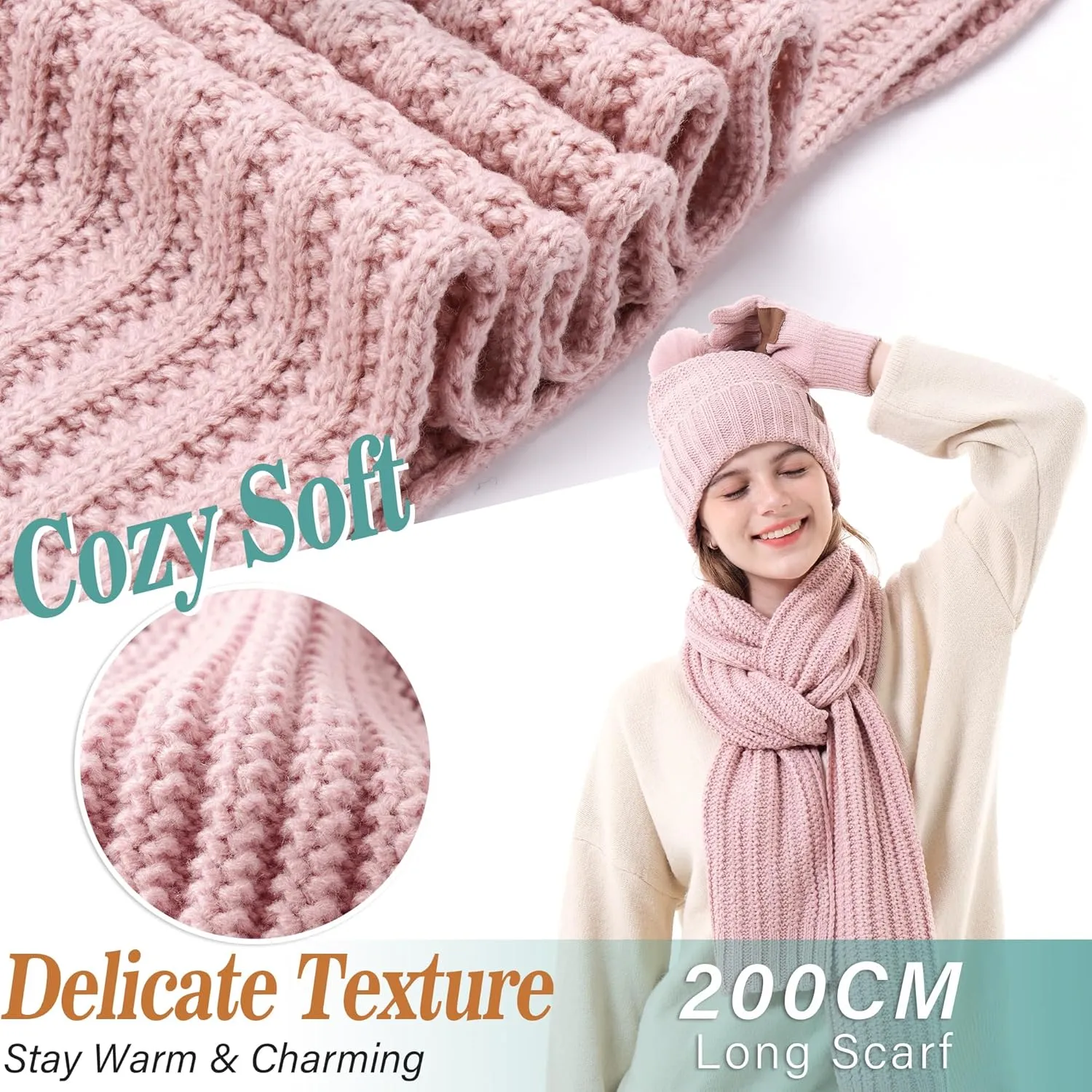 Womens Winter Warm Beanie Hat Long Neck Scarf Touchscreen Gloves Set Knit Skull Caps Pompom Fleece Gifts
