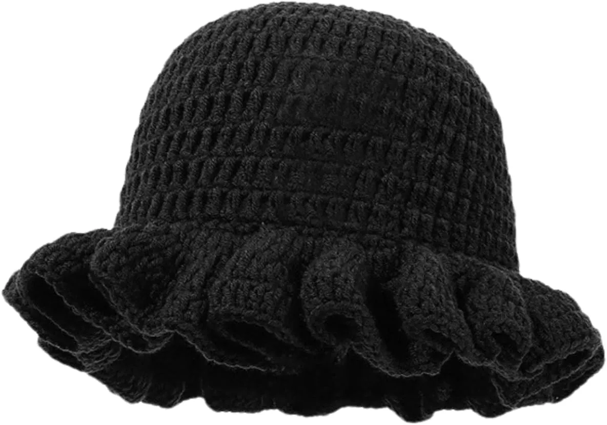 yolrdiw Women's Boho Crochet Bucket Hat Handmade Ruffle Hat Cap for Beach Travel